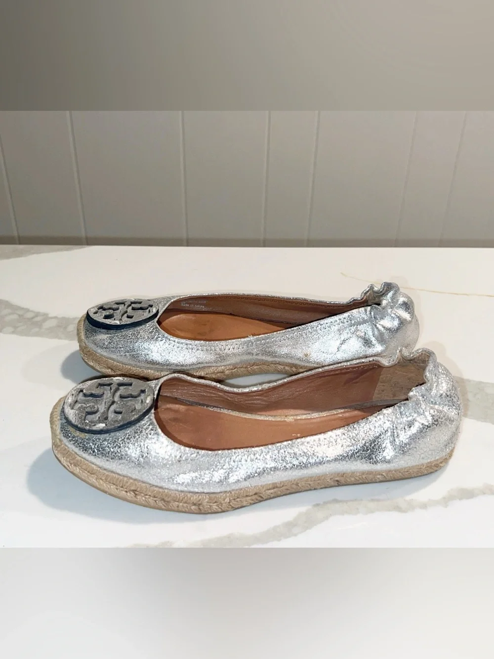 TORY BURCH Silver Metallic Espadrille Ballet Flats